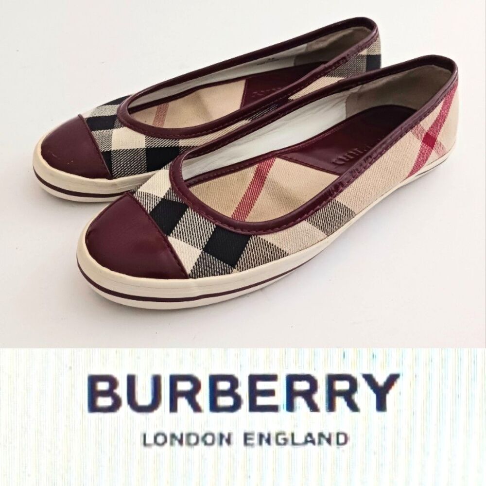 Burberry Beige Nova Check Ballet Flats with Burgundy Trim